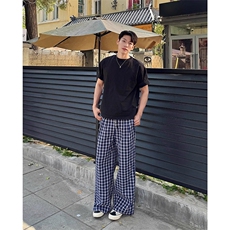 美式高街潮牌男女泡泡格子休闲裤直筒宽松慵懒显瘦阔腿休闲长裤子，男装休闲裤，电商A486