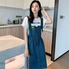 背带裙套装韩版通勤牛仔裙女夏新款连衣裙印花套头休闲韩版中长款，女装连衣裙，梦懿尔
