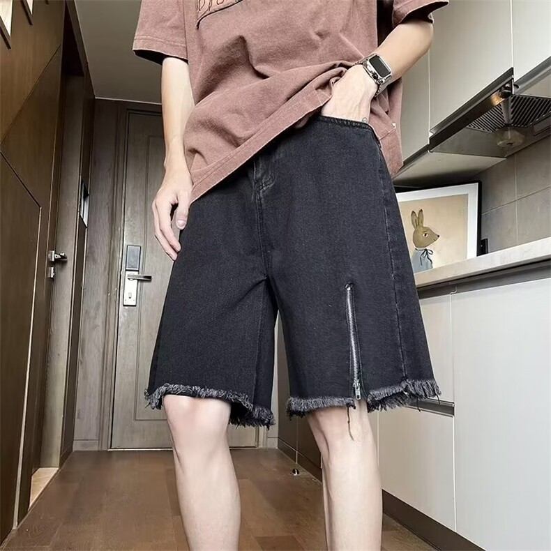 毛边拉链牛仔短裤男夏季薄款潮牌痞帅炸街五分裤1001-1-DN08-P42,男装牛仔裤,星座1001-1
