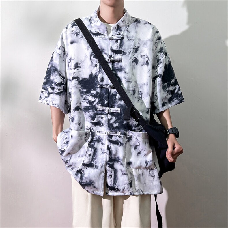 2025夏装新中式冰丝短袖衬衫男休闲宽松大码花衬衣C601P40,男装衬衫,电商C323