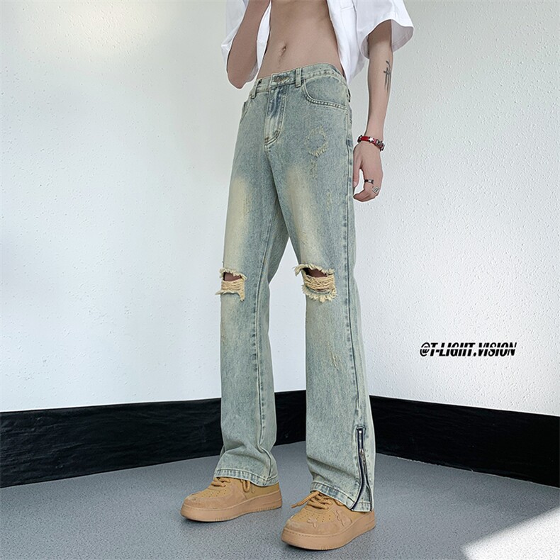 B221美式ins高街暗黑小众微喇叭破洞牛仔裤LK23076-P65控88,男装牛仔裤,电商B221