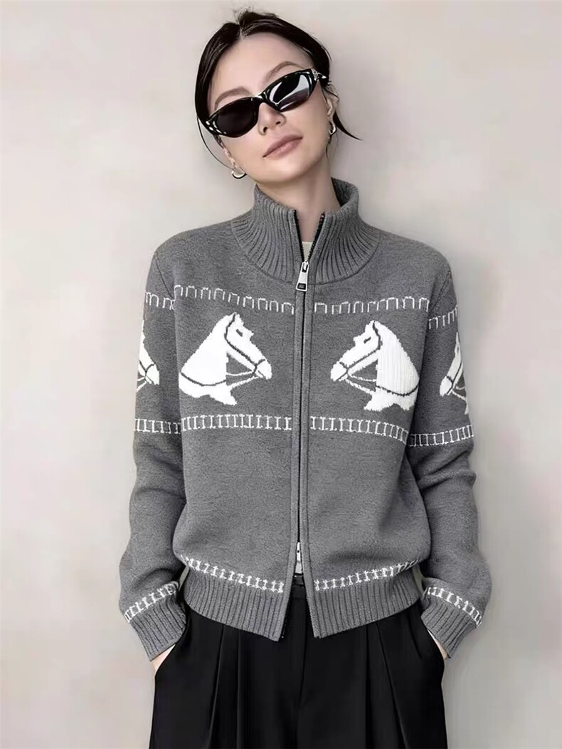 2025年秋季时尚百搭通勤简约休闲小马拉链加厚开衫，女装针织衫/毛衣，晨旭羊绒