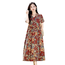 宽松休闲棉麻连衣裙女夏季薄款2025新款遮肚显瘦洋气减龄碎花裙子，女装连衣裙，倪叶myz