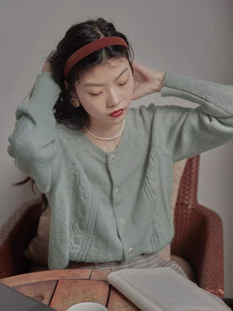 2025年秋季女士麻花长袖开衫,针织衫/毛衣,百纯羊绒
