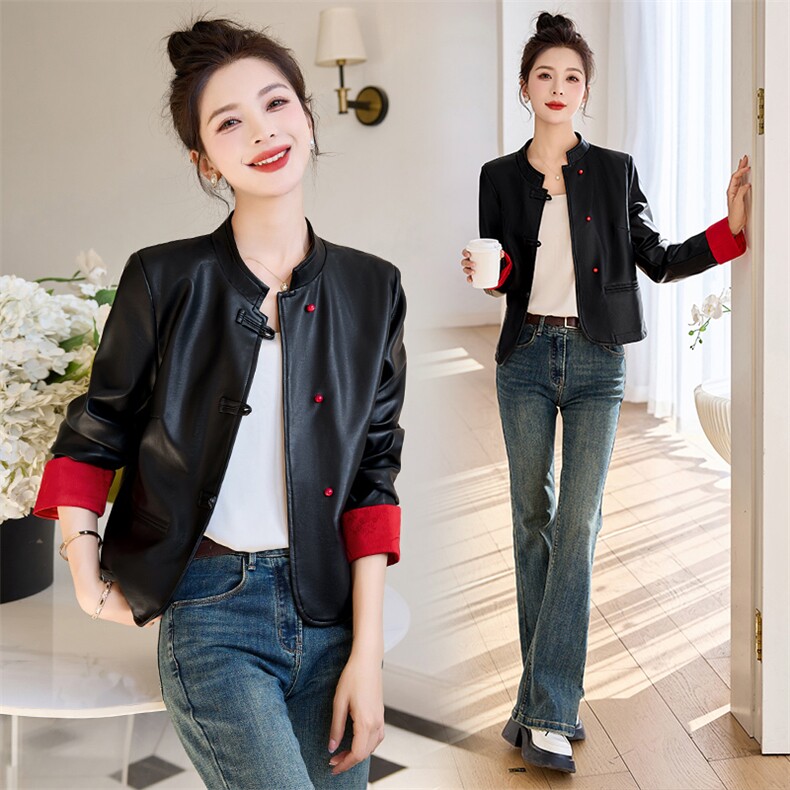 国风新中式真皮皮衣外套女盘扣短款2025春秋新款洋气修身夹克上衣，女装皮衣，韩美纤衣