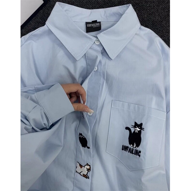 大码男装趣味小猫刺绣长袖衬衫男夏季学院风显瘦超减龄上衣-C2286图片