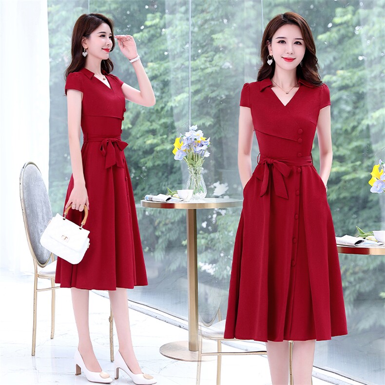 2024夏季新时尚简约大方气质优雅收腰显瘦独特绳结性感V领连衣裙，女装连衣裙，伊航服饰