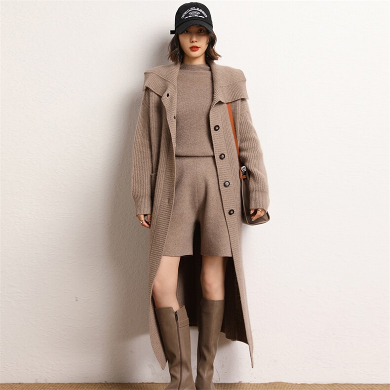 2024年秋季长袖POLO领纯色加厚大翻领宽松羊绒大衣，女装羊绒大衣，五色羊羊绒