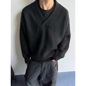 复古灰色v领毛衣男款冬季慵懒针织衫外套叠穿内搭打底衫 MY49图片
