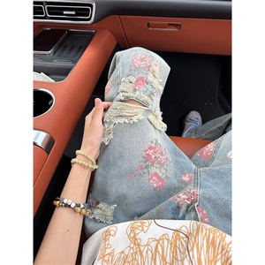 美式高街微喇牛仔裤男款夏季薄款设计感小众直筒乞丐花卉破洞裤子图片
