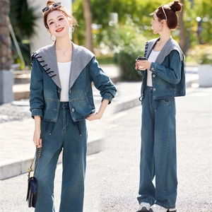 休闲复古拼接牛仔套装女2025春季爆款时髦减龄显瘦阔腿裤两件套潮图片