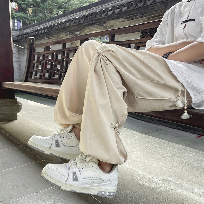 风流苏抽绳盘扣休闲裤冰丝夏季潮一字扣束脚裤K050-特批30,男装休闲裤,星座718-1
