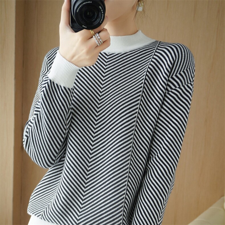 秋冬新款洋气半高领条纹针织衫女中厚纯棉大码拼接毛衣打底衫内搭，女装针织衫/毛衣，斯美雅电商供货