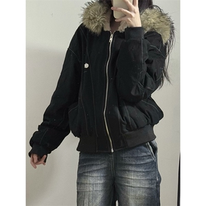 现货重磅boxy短款棉衣座山雕大毛毛领男女棉服水洗工装厚外套图片