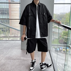 2023夏季两件套时尚嘻哈套装工装套装宽松短袖衬衫短裤W3104-P55，男装衬衫，星座512-2