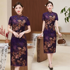 春夏季新款香云纱设计简约时尚大气中长款专柜品质真丝旗袍连衣裙，女装汉服/婚纱/旗袍/礼服，小荷流