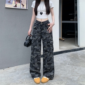 AK2332-P55美式高街工装迷彩牛仔裤女新款高腰宽松显瘦阔腿拖地裤图片