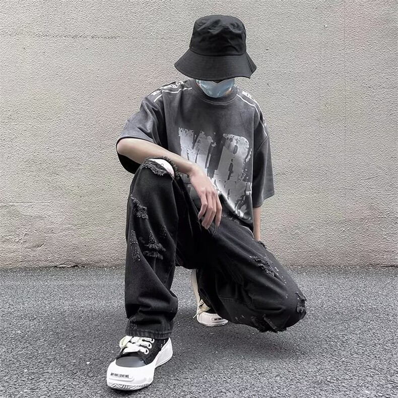 美式vibe裤子高街水洗牛仔裤男设计感小众拉链裤E0013P42,男装牛仔裤,星座1116-2