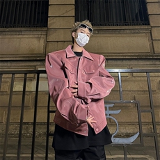 小众设计感液态斜门襟衬衫粉色街头PU皮短款夹克外套男女-JK9005，男装夹克，星座601-2