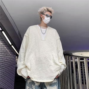 薄款流苏针织衫男女款高街街头设计感破洞宽松情侣装毛衣9248 P45图片
