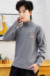 秋冬中领毛衣男套小猫头长袖外套男毛衫打底针织衫高领灰M228P35图片
