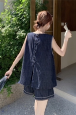 小个子复古松弛感牛仔套装女2025夏季新款简约圆领背心短裤两件套，女装套装/套裙，2C159