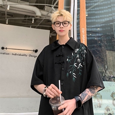 新中式衬衫男生夏季薄款国风竹子刺绣盘扣高级感潮牌宽松中袖衬衣，男装衬衫，电商B371