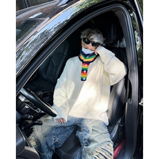 24年撞色条纹领毛衣男女秋冬季设计感彩虹高领情侣上衣M9583，男装针织衫/毛衣，星座601-2