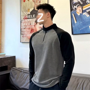 网图慎用 德绒撞色拼接立领插肩袖大码长袖T恤男T24514-特P25控48图片