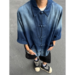F344-P68 新中式潮牛仔外套男夏季复古宽松水洗做旧衬衣 现货图片