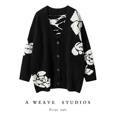 新款针织v领花卉提花开衫时百搭，女装针织衫/毛衣，亿嘉羊绒