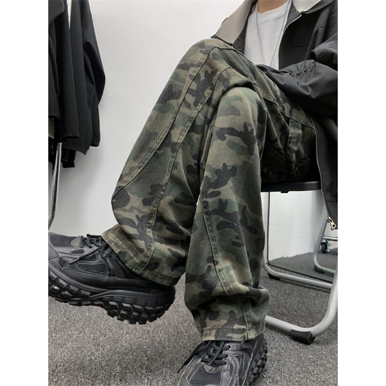 美式街头嘻哈工装裤高街潮牌复古迷彩牛仔裤宽松直筒长裤GJ229P45图片