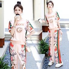 醋酸休闲运动女夏装搭配一整套欧洲站爆款时尚冰丝印花，女装运动套装，然然