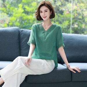 夏季棉麻女上衣妈妈苎麻小衫2025年新款休闲宽松薄款减龄亚麻衬衫图片