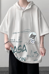 LD54187-P45NASA联名同款连帽短袖t恤男大码胖子带帽五分袖大皂风图片