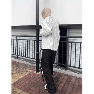美式潮牌高街复古泡泡纱竖条纹日系肌理长袖衬衫男女休闲宽松衬衣图片