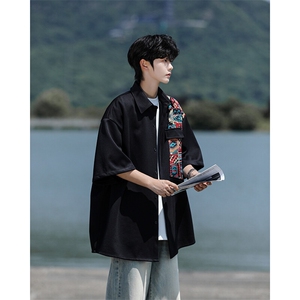 8XL-M民族风拼接短袖衬衫男夏季痞帅半袖衬衣薄款外套DC28009P45图片