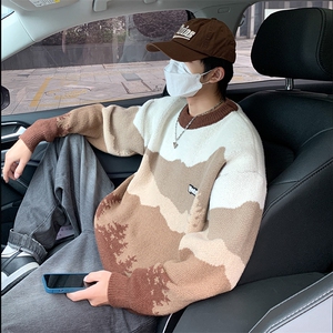 冬款高街潮牌宽松情侣针织衫日系拼色提花圆领毛衣男 M1140-P50图片