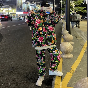 Z01情侣东北大花风民族风特色棉衣加绒裤套装大码男女土潮装