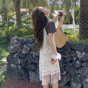 韩系休闲蕾丝刺绣流苏吊带罩衫裙小个子新款t恤两件套连衣裙女夏图片
