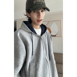 抖音得物二开美式高街重磅结构双层撞色连帽卫衣开衫外套W116图片
