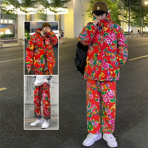TZ206男士休闲东北大花连帽棉衣加绒裤套装风民族潮男女装图片