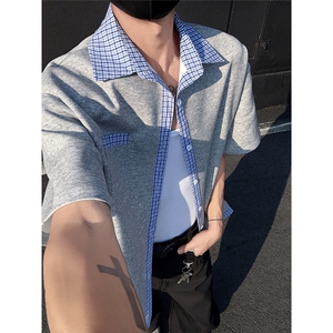 格子拼接撞色夏季潮流假两件衬衫男士翻领短袖休闲百搭BF半袖 P40图片