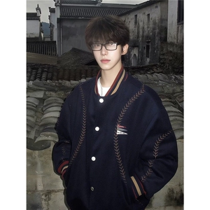 重磅三彩尼满刺绣棒球棉服ins时尚新款慵懒气质日系文艺潮流流行图片