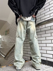 DN8101-P52；泥黄色工装牛仔裤男春秋季美式高街阔腿裤设计感潮牌，男装牛仔裤，星座603-2