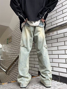 DN8101-P52；泥黄色工装牛仔裤男春秋季美式高街阔腿裤设计感潮牌图片