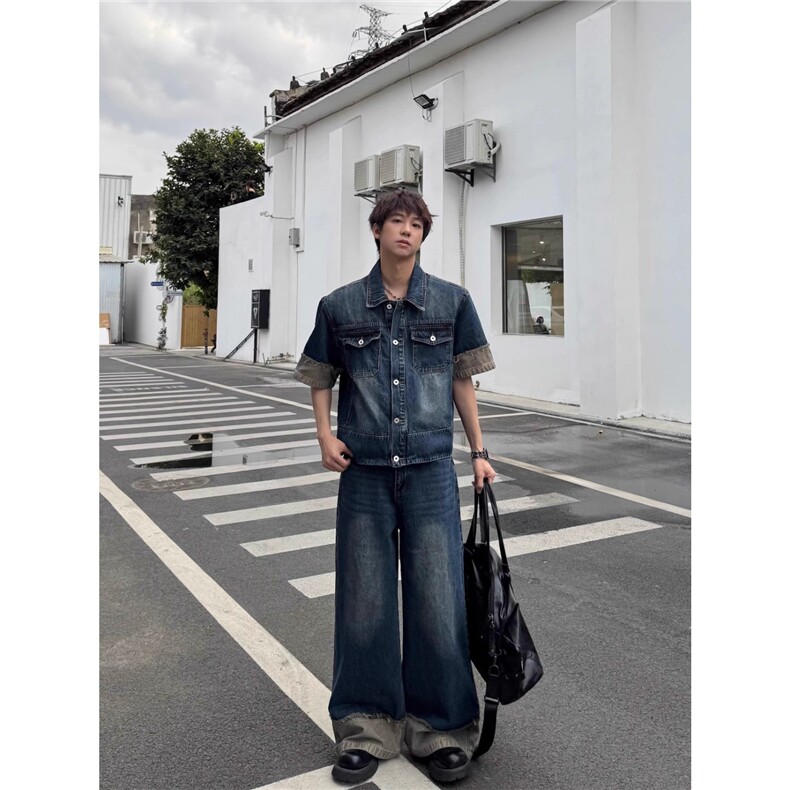 美式复古小众铆钉褶皱高级感翻领夹克男女春秋季vibe解构宽松外套,男装牛仔裤,星座506A