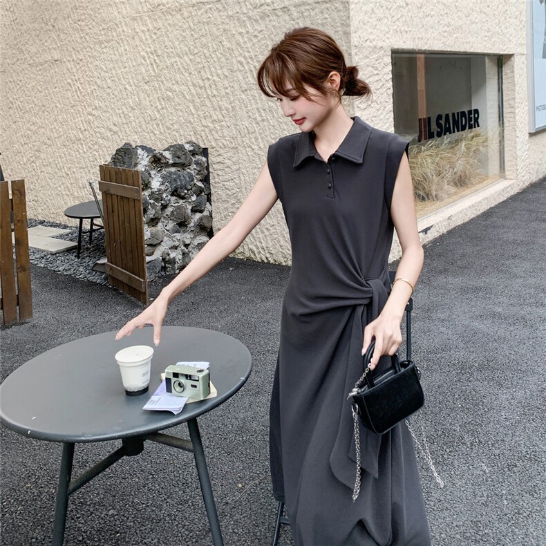 深灰色无袖衬衫连衣裙女夏季2025年新款韩系设计感绑带显瘦背心裙,女装连衣裙,2C081
