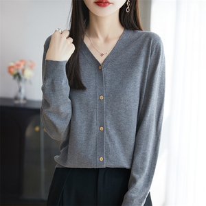 韩系彩扣精纺细毛针织开衫女外套毛衣25早秋长袖轻暖外搭小衫上衣图片