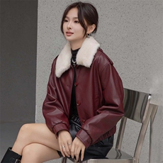 现货海宁f仿真皮皮衣女加绒加厚短款2024冬季新款女士宽松皮外套，女装皮衣，江南女神